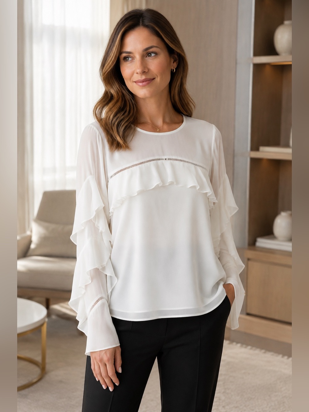 White House Black Market Ecru Ruffle Sleeve Ladder Trim Blouse Size 0